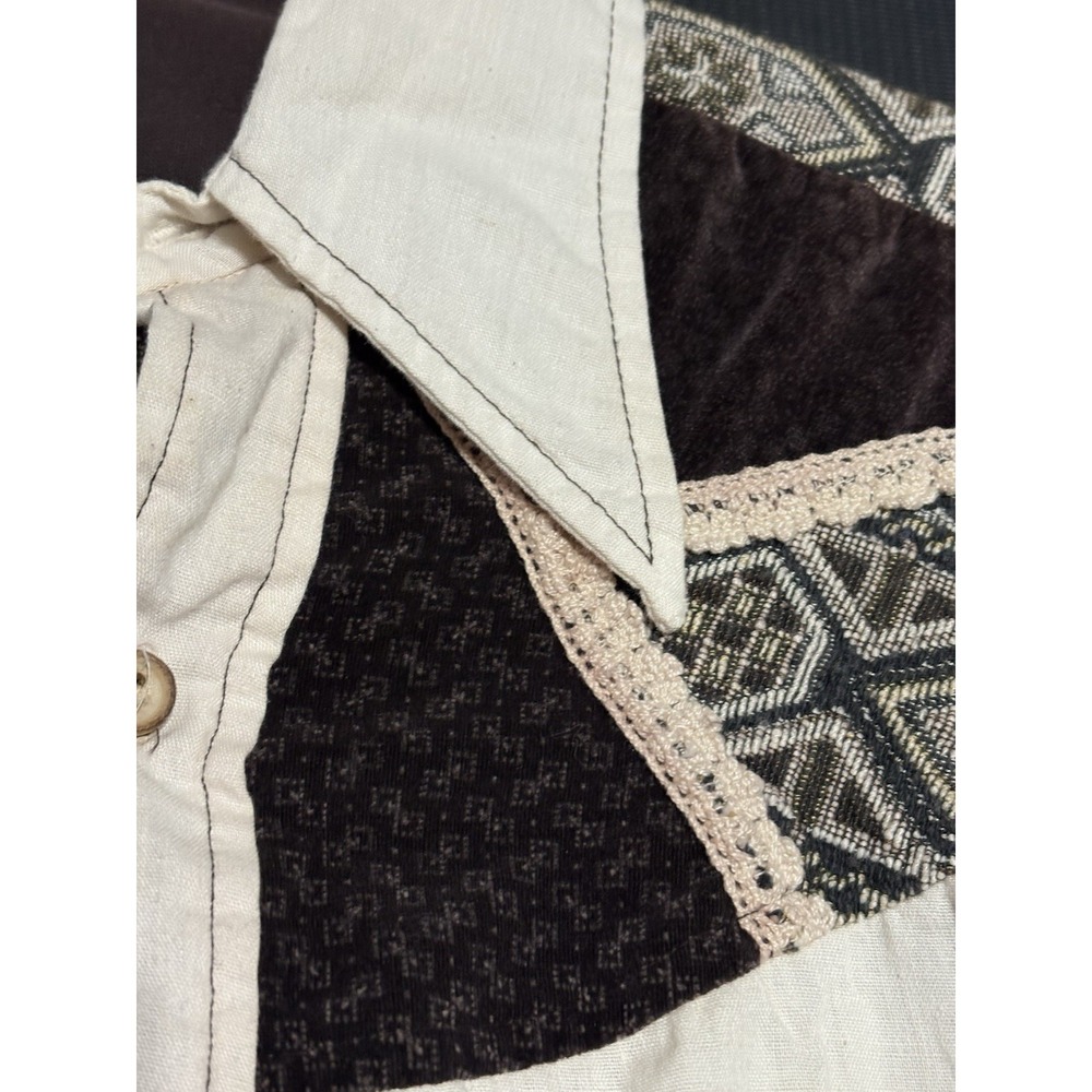 70s VINTAGE Patchwork Brown Cream ButtonDown Western Shirt Pinup Rockabilly Boho - Picture 9 of 10